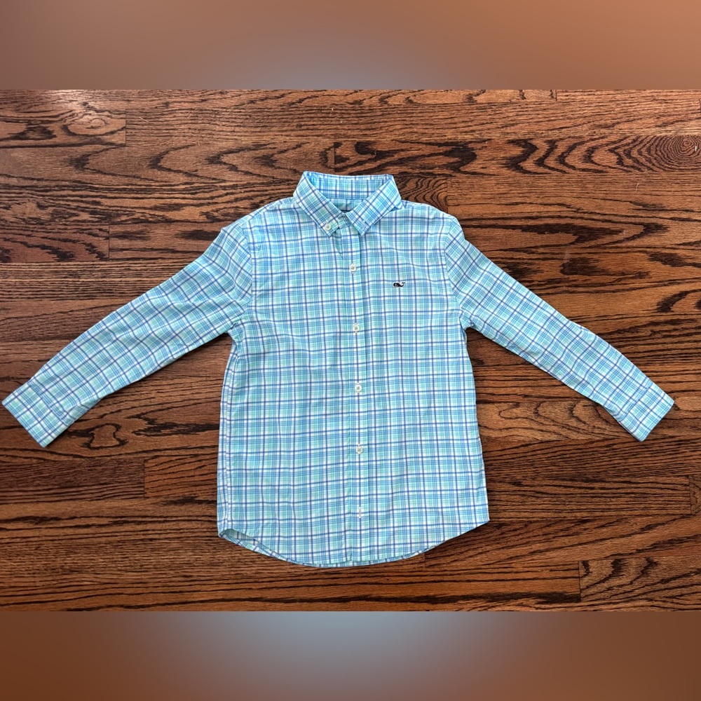 Vineyard Vines Boys Performance Aqua Plaid Button Down Shirt, Size 7